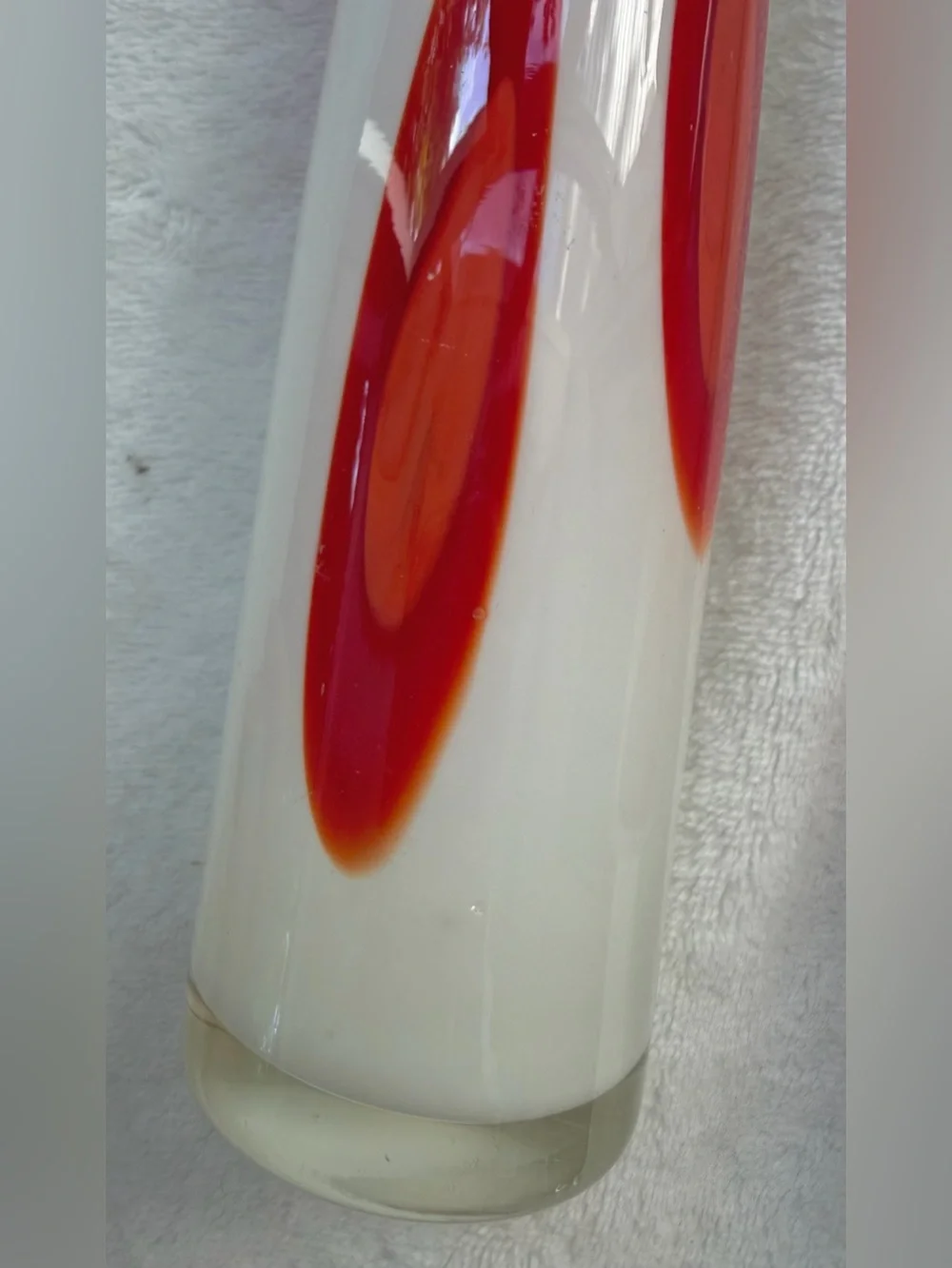 2 Vintage Murano Hand-Blown Art Glass Vases White Base Red Pulled Cane Dots